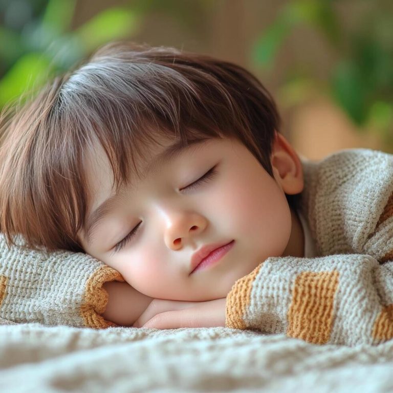 Un enfant aux cheveux bruns, endormi paisiblement sur un lit, visage serein.